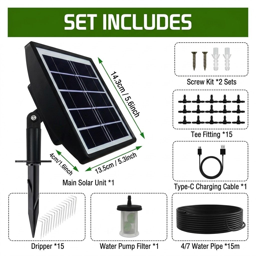 Solar-Powered Automatic Drip Irrigation Kit with 180° Adjustable Stake, 15m Watering Hose for Up to 15 Potted Plants—Ideal for Balcony, Patio, Greenhouse, and Outdoor Garden Auto-Watering While You're Away. (Black)