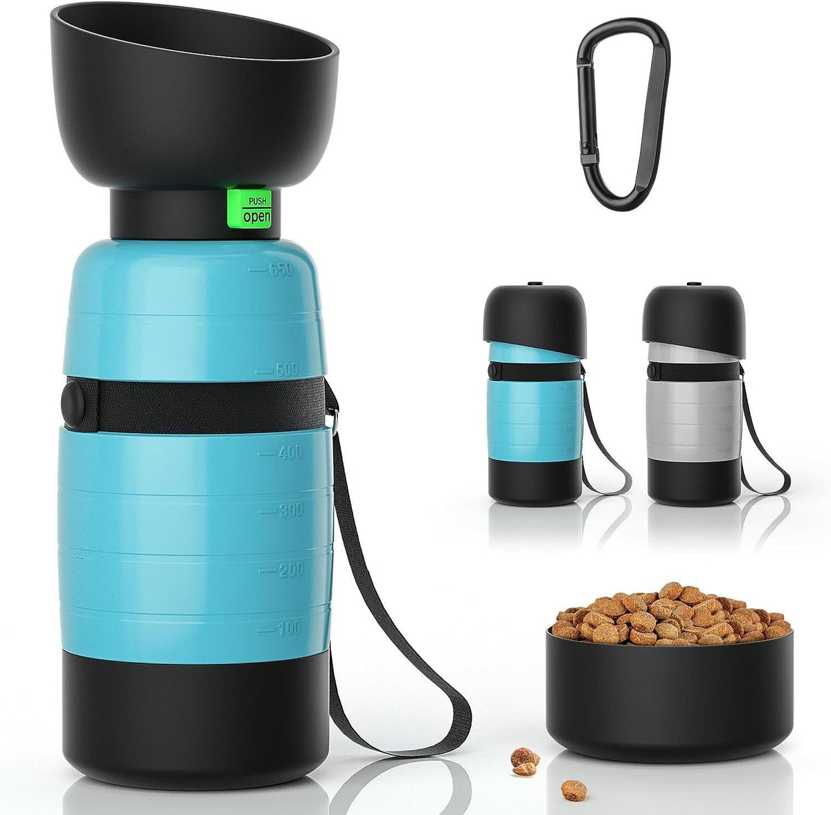 Portable 2-in-1 Pet Water Bottle and Food Dispenser with Foldable Silicone Bowl, Leak-Proof Travel Feeder for Dogs and Cats, Ideal for Outdoor Walks, Hiking, and On-the-Go Hydration and Snack Storage (Blue)