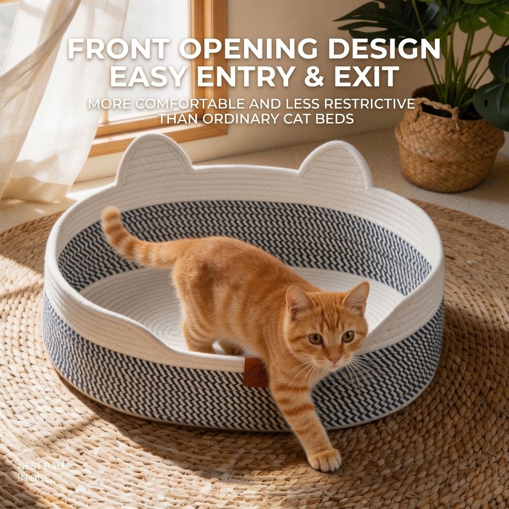 Handwoven Cotton Rope Cat Bed with Adorable Cat-Ear Design, Breathable Oval Nest with Front Opening for Easy Access, Available in Two Chic Colorways and Sizes, Perfect for Indoor Lounging and Playtime for Kittens and Adult Cats Alike (S, Dark Brown Cat Be