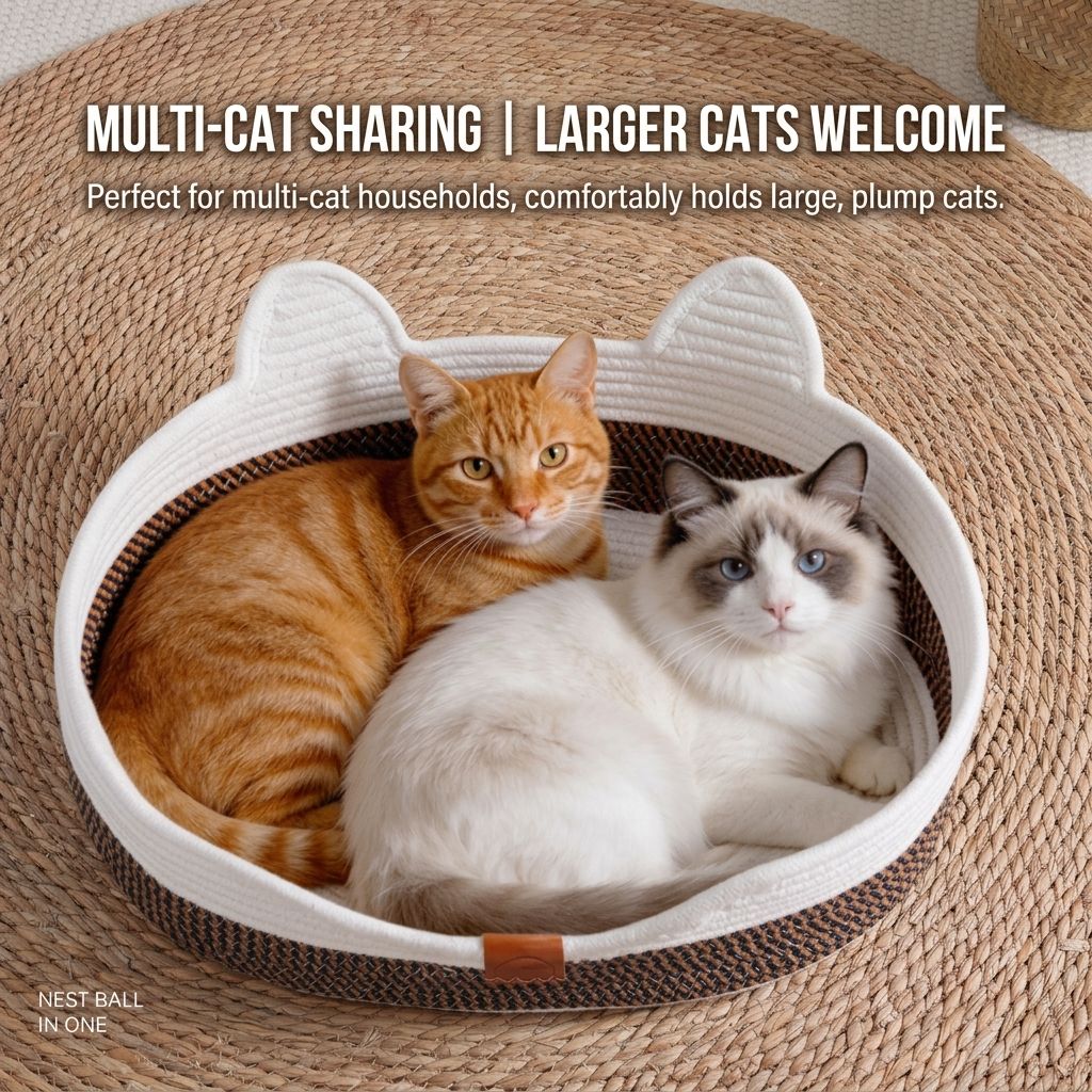 Handwoven Cotton Rope Cat Bed with Adorable Cat-Ear Design, Breathable Oval Nest with Front Opening for Easy Access, Available in Two Chic Colorways and Sizes, Perfect for Indoor Lounging and Playtime for Kittens and Adult Cats Alike (L, Dark Brown Cat Be