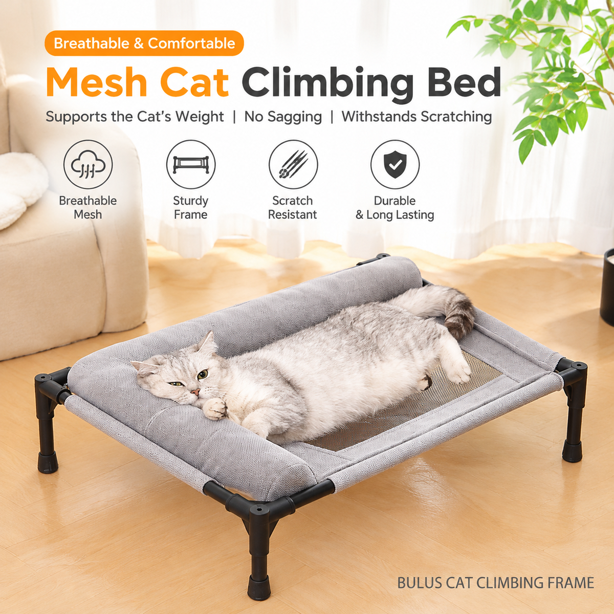 Elevated Pet Cot with Bolster Cushion for Cats and Small Dogs, Breathable Mesh Bed for Indoor Living Room and Bedroom Comfort (Army Green)