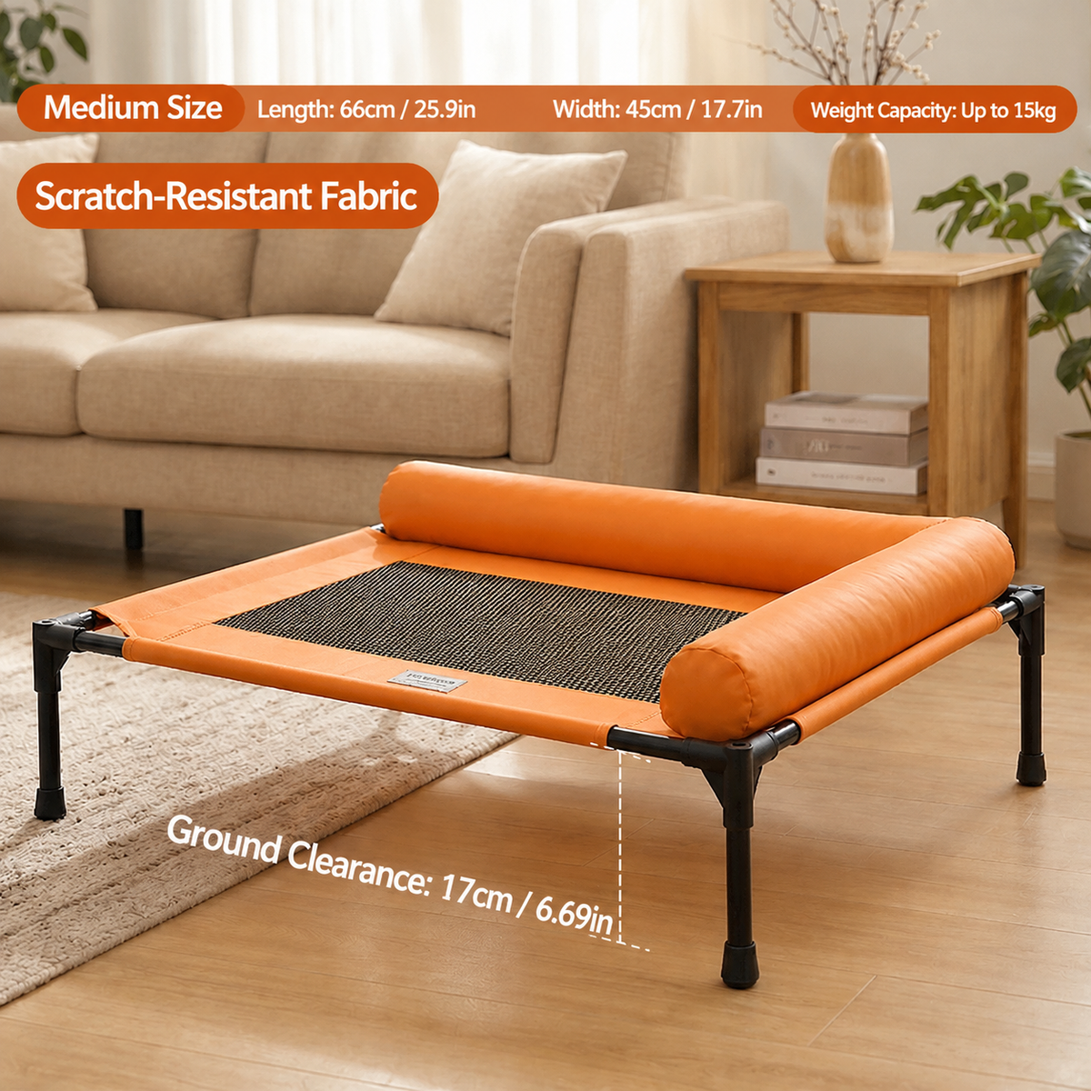 Elevated Pet Cot with Bolster Cushion for Cats and Small Dogs, Breathable Mesh Bed for Indoor Living Room and Bedroom Comfort (Dark Orange)