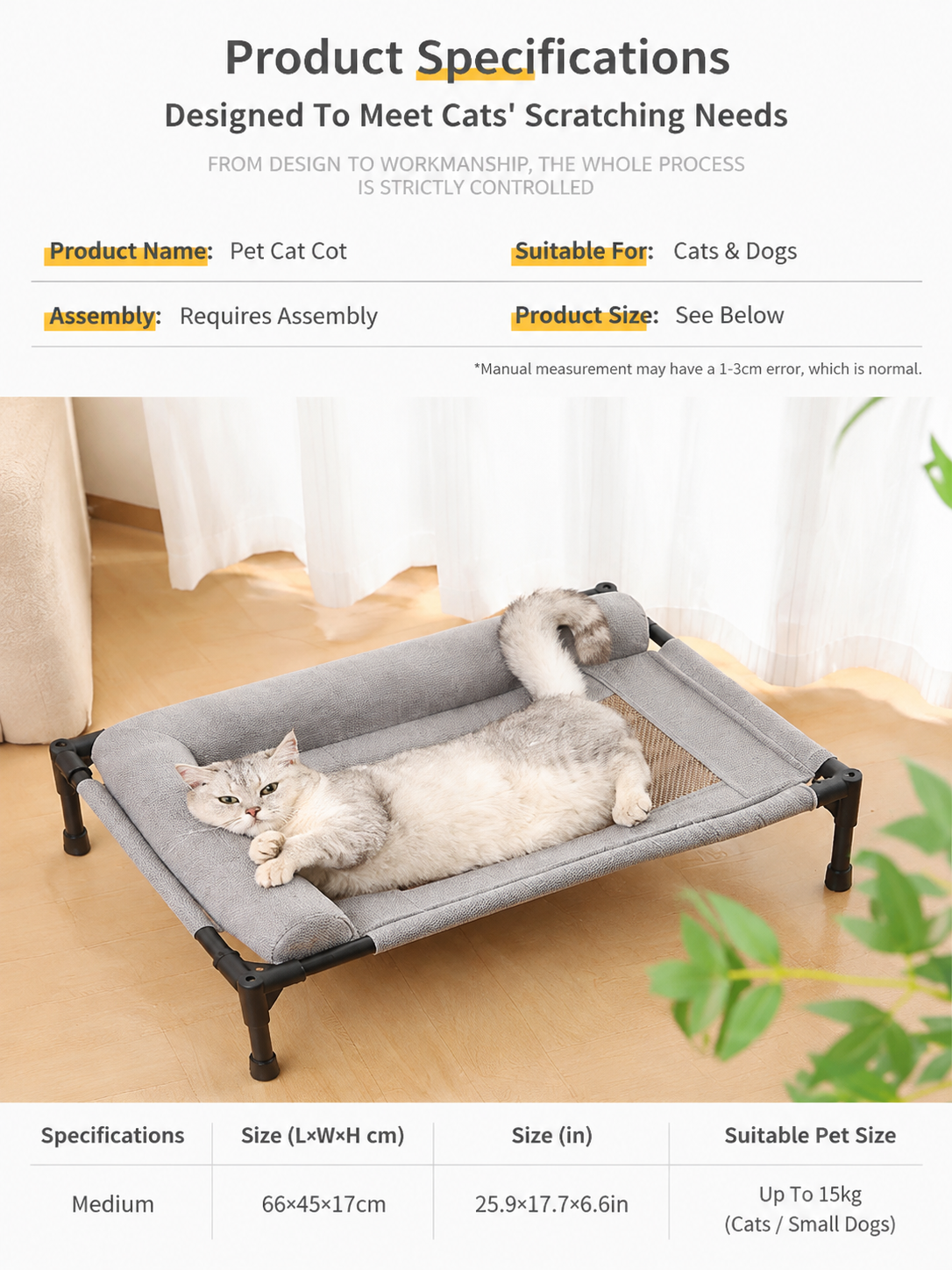 Elevated Pet Cot with Bolster Cushion for Cats and Small Dogs, Breathable Mesh Bed for Indoor Living Room and Bedroom Comfort (Dark Orange)