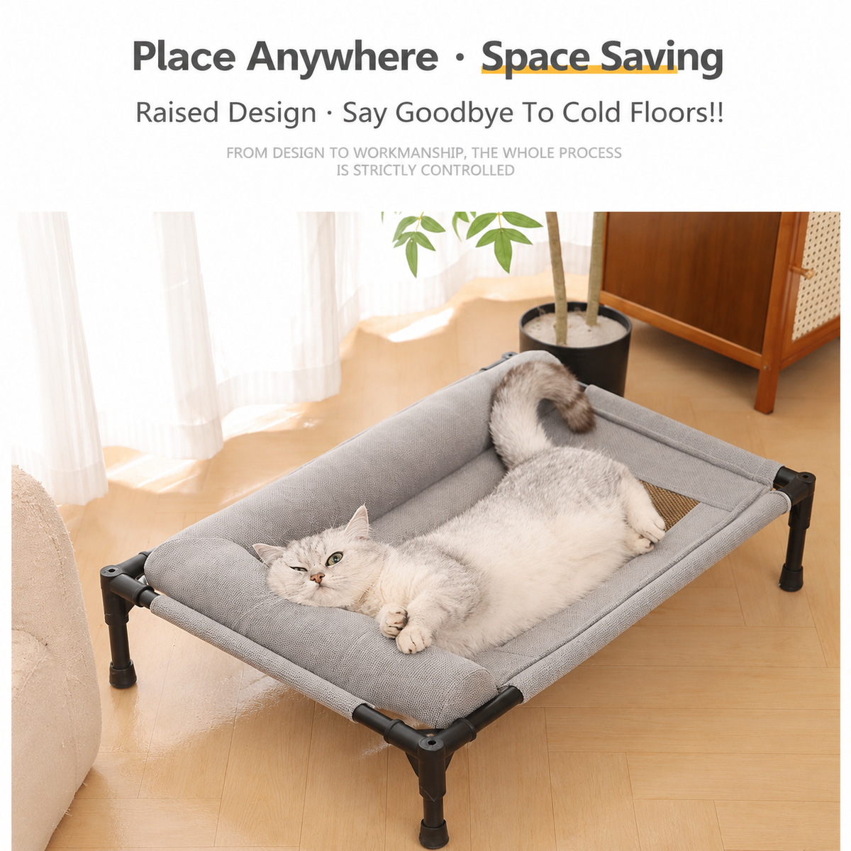 Elevated Pet Cot with Bolster Cushion for Cats and Small Dogs, Breathable Mesh Bed for Indoor Living Room and Bedroom Comfort (Dark Orange)