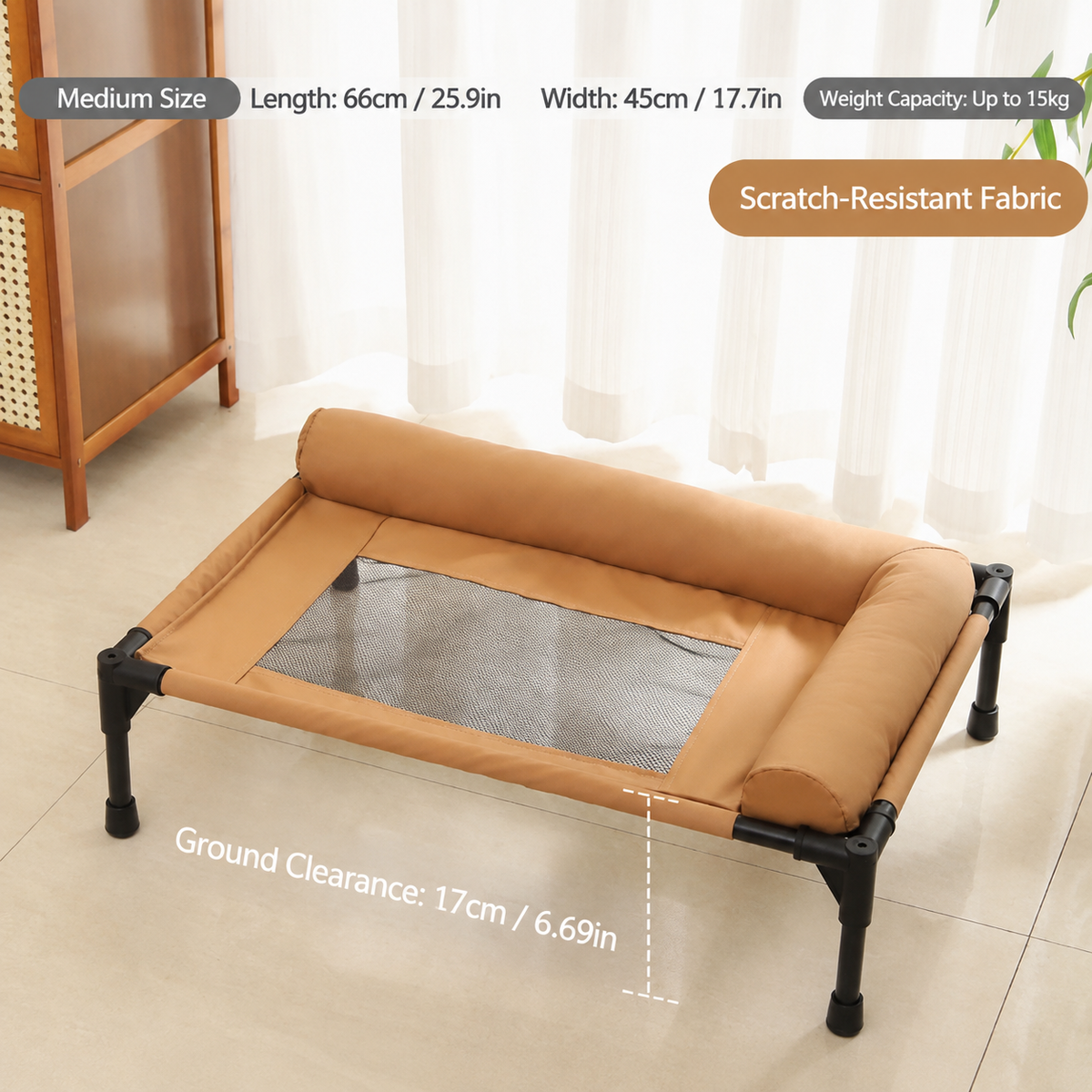 Elevated Pet Cot with Bolster Cushion for Cats and Small Dogs, Breathable Mesh Bed for Indoor Living Room and Bedroom Comfort (Dark Orange)