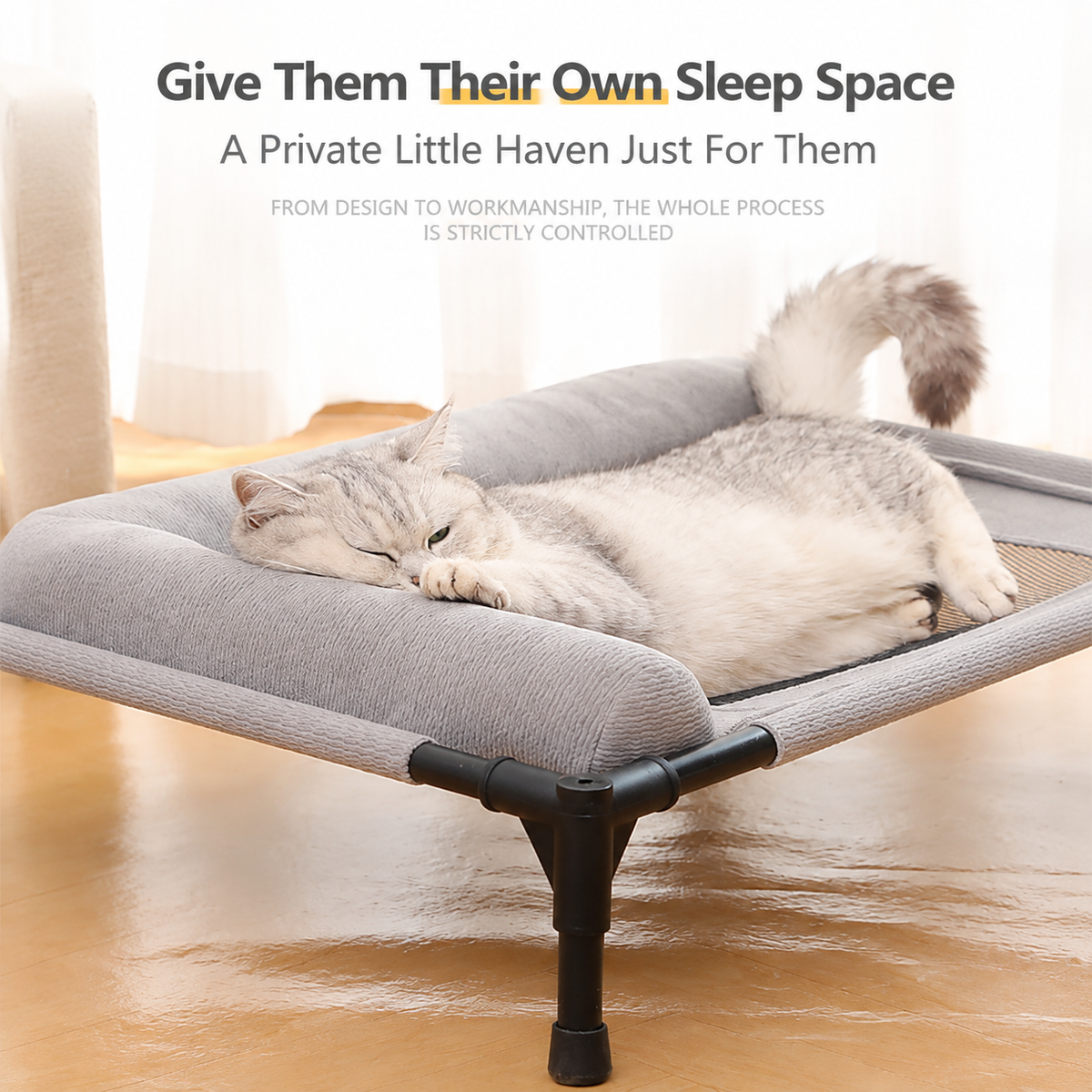 Elevated Pet Cot with Bolster Cushion for Cats and Small Dogs, Breathable Mesh Bed for Indoor Living Room and Bedroom Comfort (Grey)