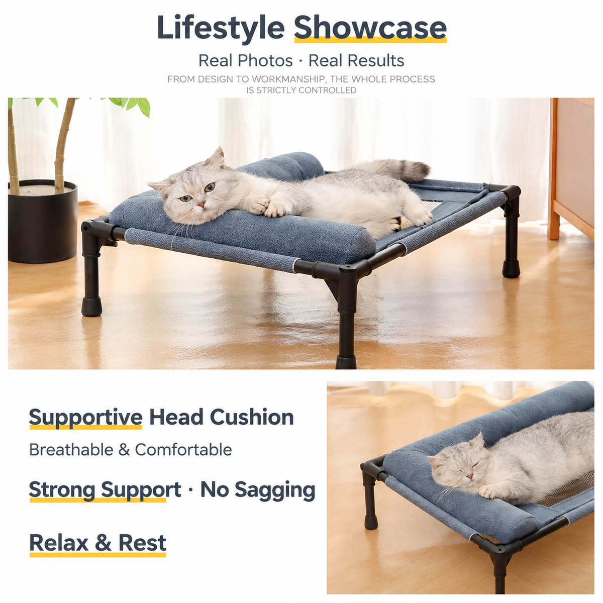 Elevated Pet Cot with Bolster Cushion for Cats and Small Dogs, Breathable Mesh Bed for Indoor Living Room and Bedroom Comfort (Grey)