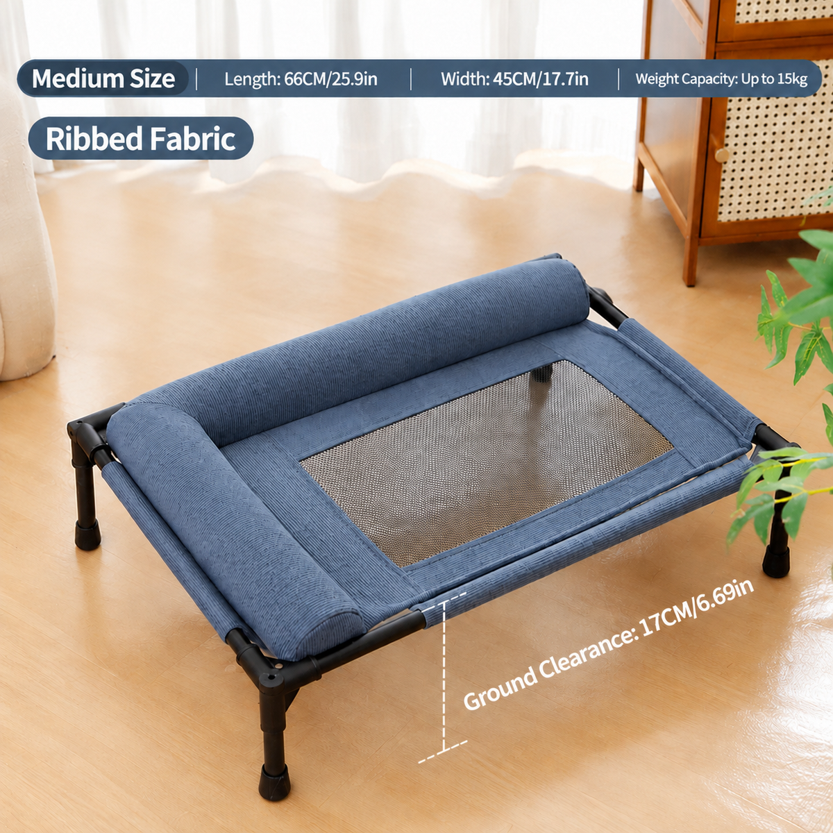 Elevated Pet Cot with Bolster Cushion for Cats and Small Dogs, Breathable Mesh Bed for Indoor Living Room and Bedroom Comfort (Grey)