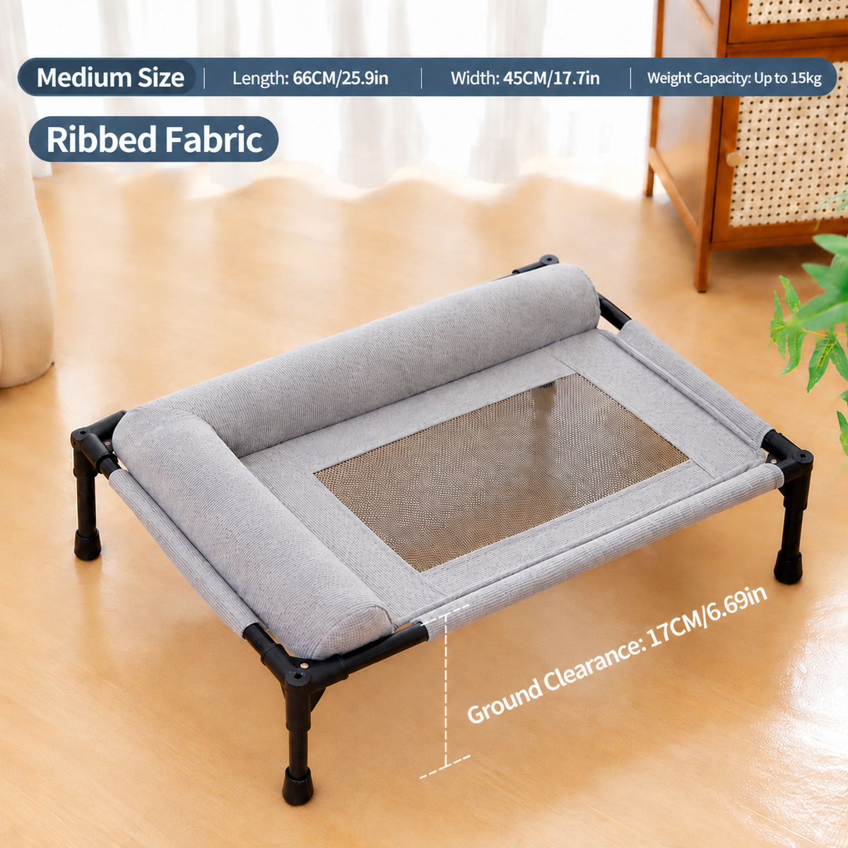 Elevated Pet Cot with Bolster Cushion for Cats and Small Dogs, Breathable Mesh Bed for Indoor Living Room and Bedroom Comfort (Navy)