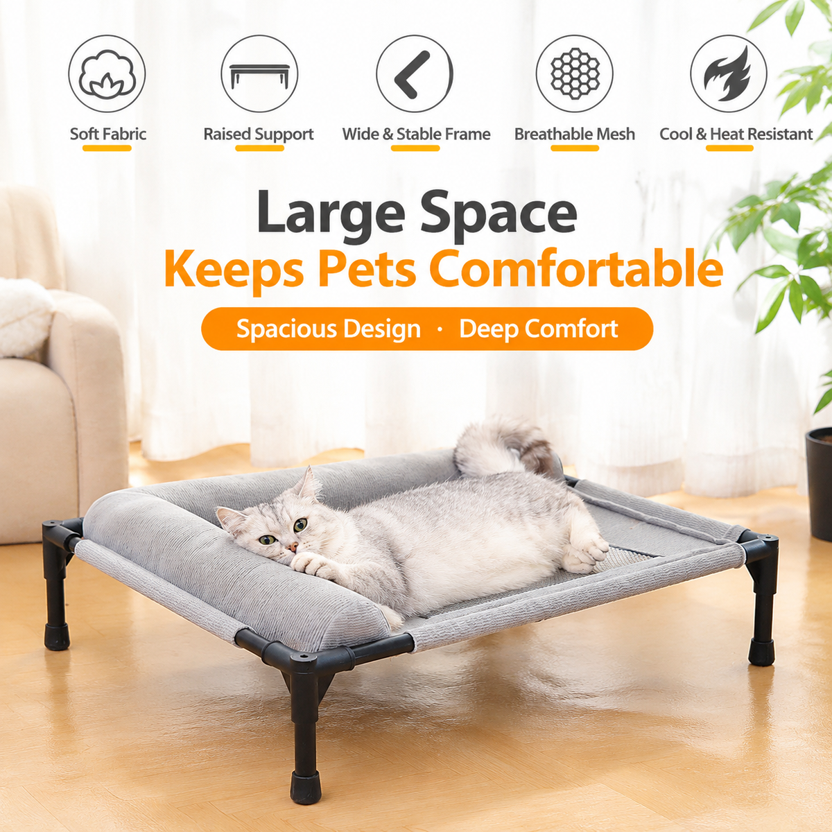 Elevated Pet Cot with Bolster Cushion for Cats and Small Dogs, Breathable Mesh Bed for Indoor Living Room and Bedroom Comfort (Navy)