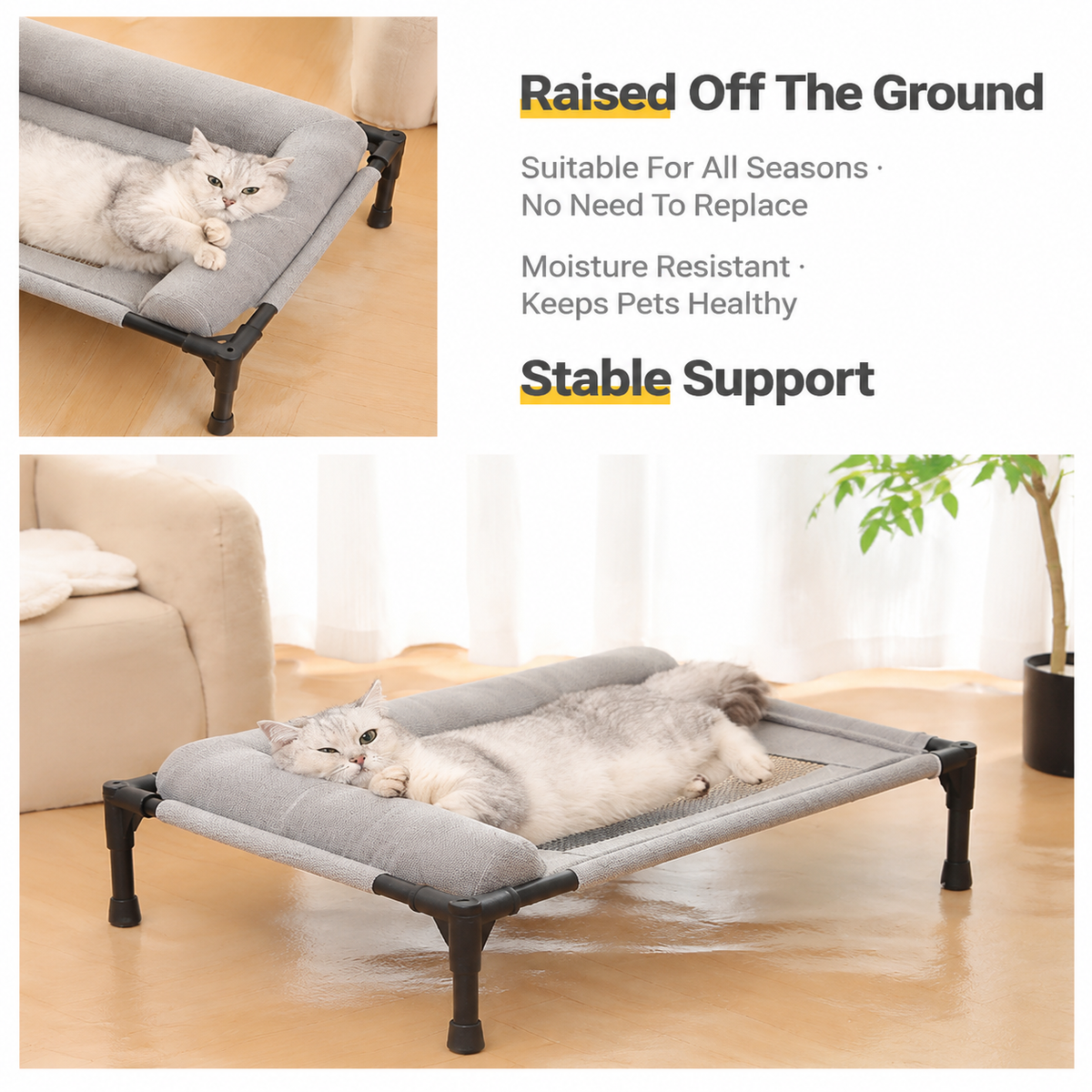 Elevated Pet Cot with Bolster Cushion for Cats and Small Dogs, Breathable Mesh Bed for Indoor Living Room and Bedroom Comfort (Navy)