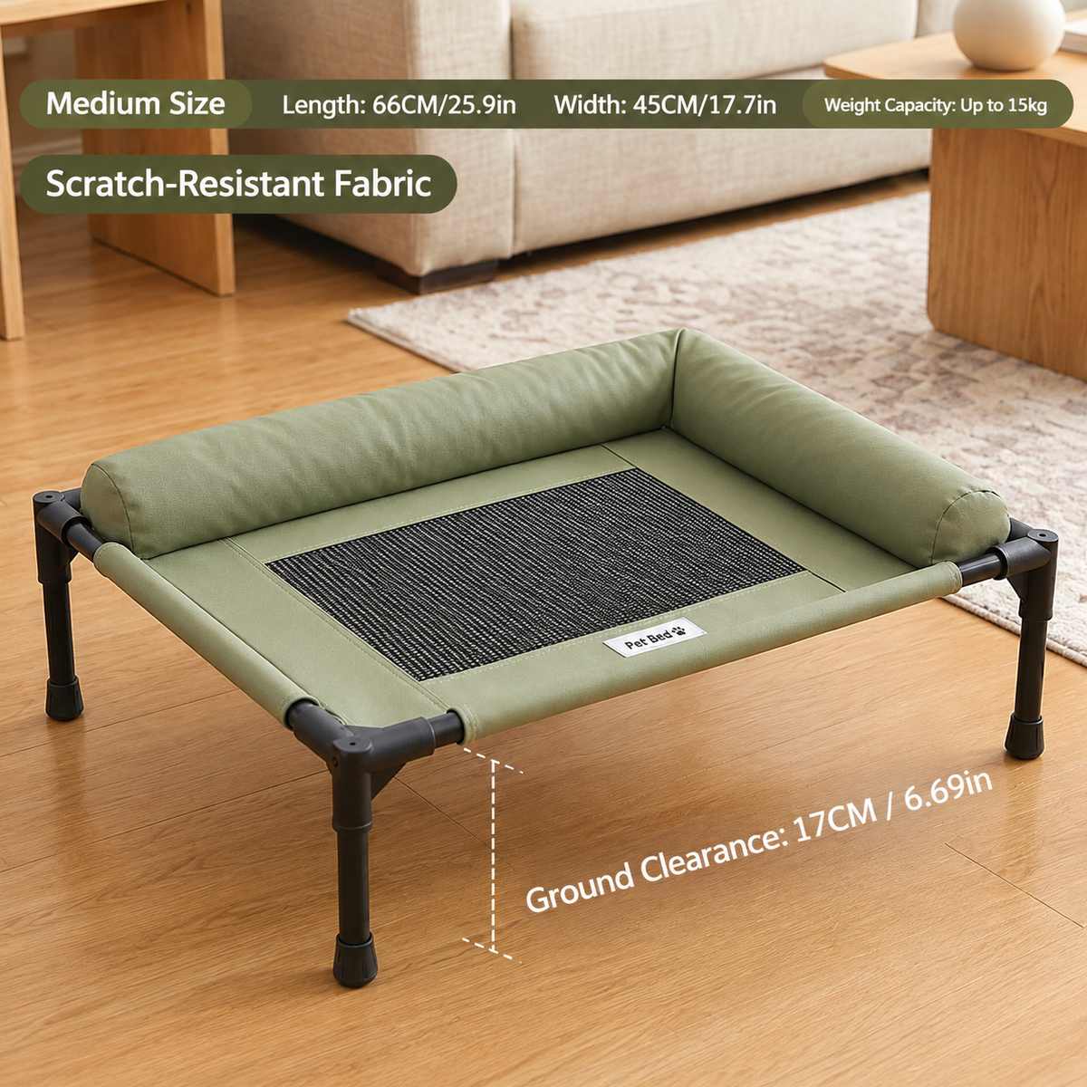 Elevated Pet Cot with Bolster Cushion for Cats and Small Dogs, Breathable Mesh Bed for Indoor Living Room and Bedroom Comfort (Navy)