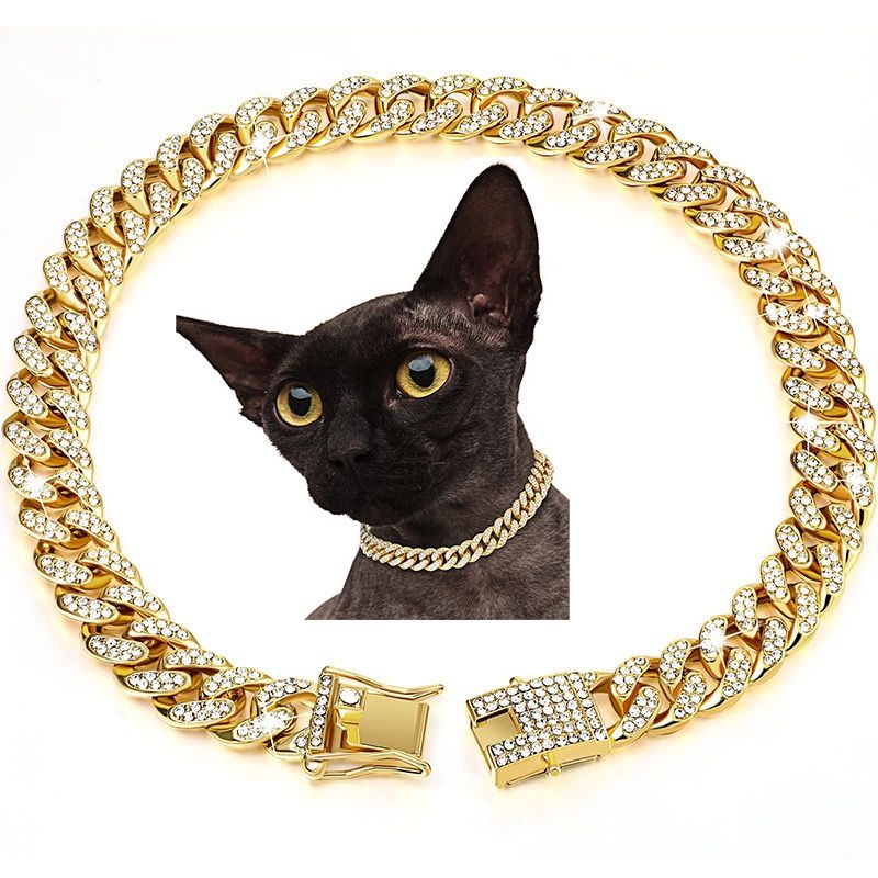 Sparkling Diamond-Studded Cuban Chain Pet Collar – Hip-Hop Bling Necklace for Cats and Small Dogs, Adjustable Fit, Gold, Silver, Rose Gold, or Pink Crystal Accents, Bold Fashion Statement for Your Furry Trendsetter (Pink, 35cm（14in）)
