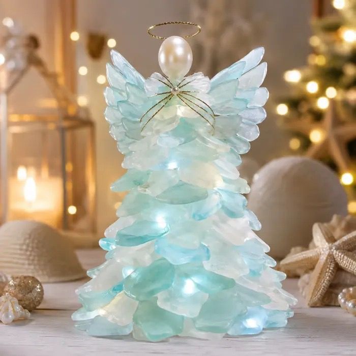 DIY Luminous Sea Glass Christmas Ornament Kit – Create Santa, Snowman, Reindeer, Wreath, Tree & Angel Decor with Built-in LED Lights, Perfect Handmade Holiday Centerpiece & Gift for Festive Home Ambiance (Angel)