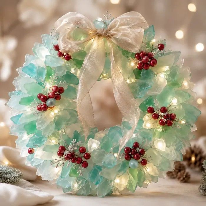 DIY Luminous Sea Glass Christmas Ornament Kit – Create Santa, Snowman, Reindeer, Wreath, Tree & Angel Decor with Built-in LED Lights, Perfect Handmade Holiday Centerpiece & Gift for Festive Home Ambiance (Wreath)