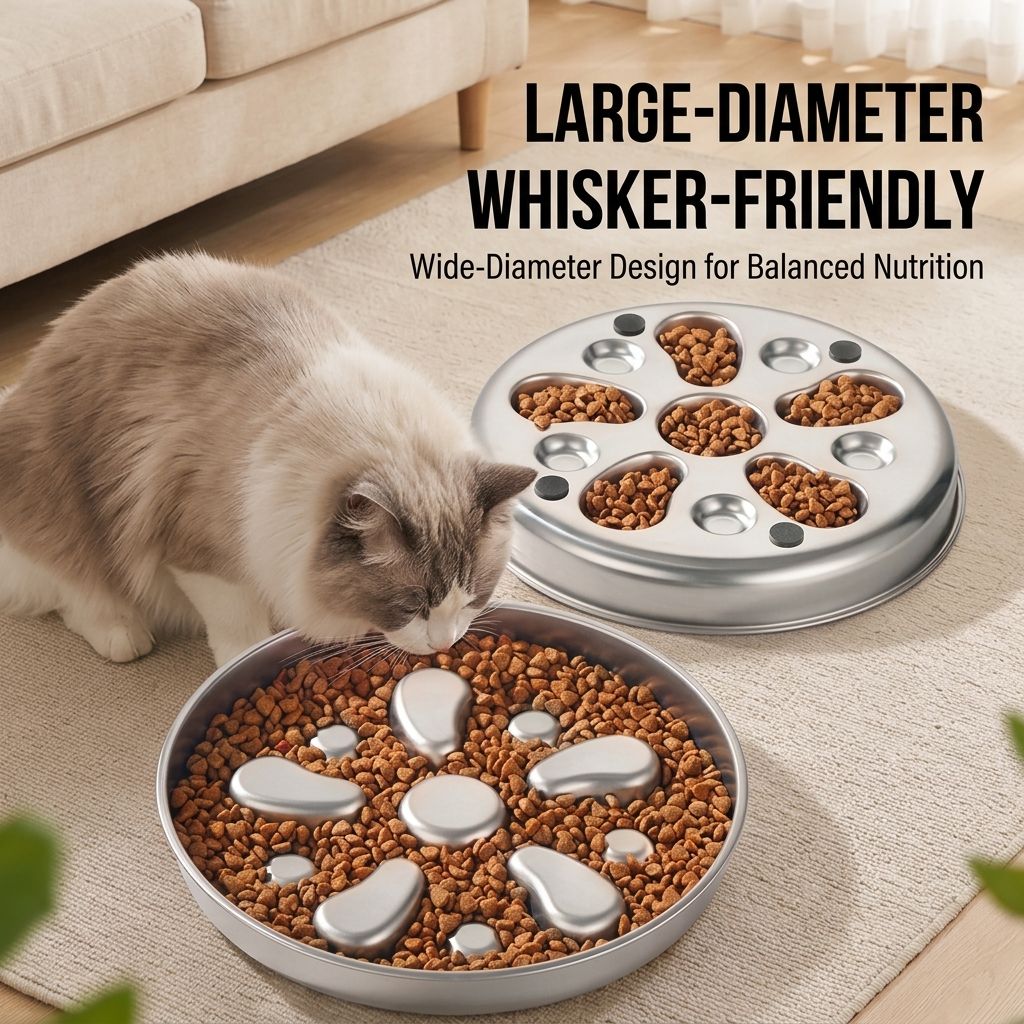 Slow-Feed Pet Bowl for Cats and Dogs – 304 Stainless Steel Anti-Gulp Shallow Dish with Raised Obstacle Patterns, Whisker-Friendly Wide Design for Daily Home Feeding, Mess-Free and Easy to Clean (Silver)