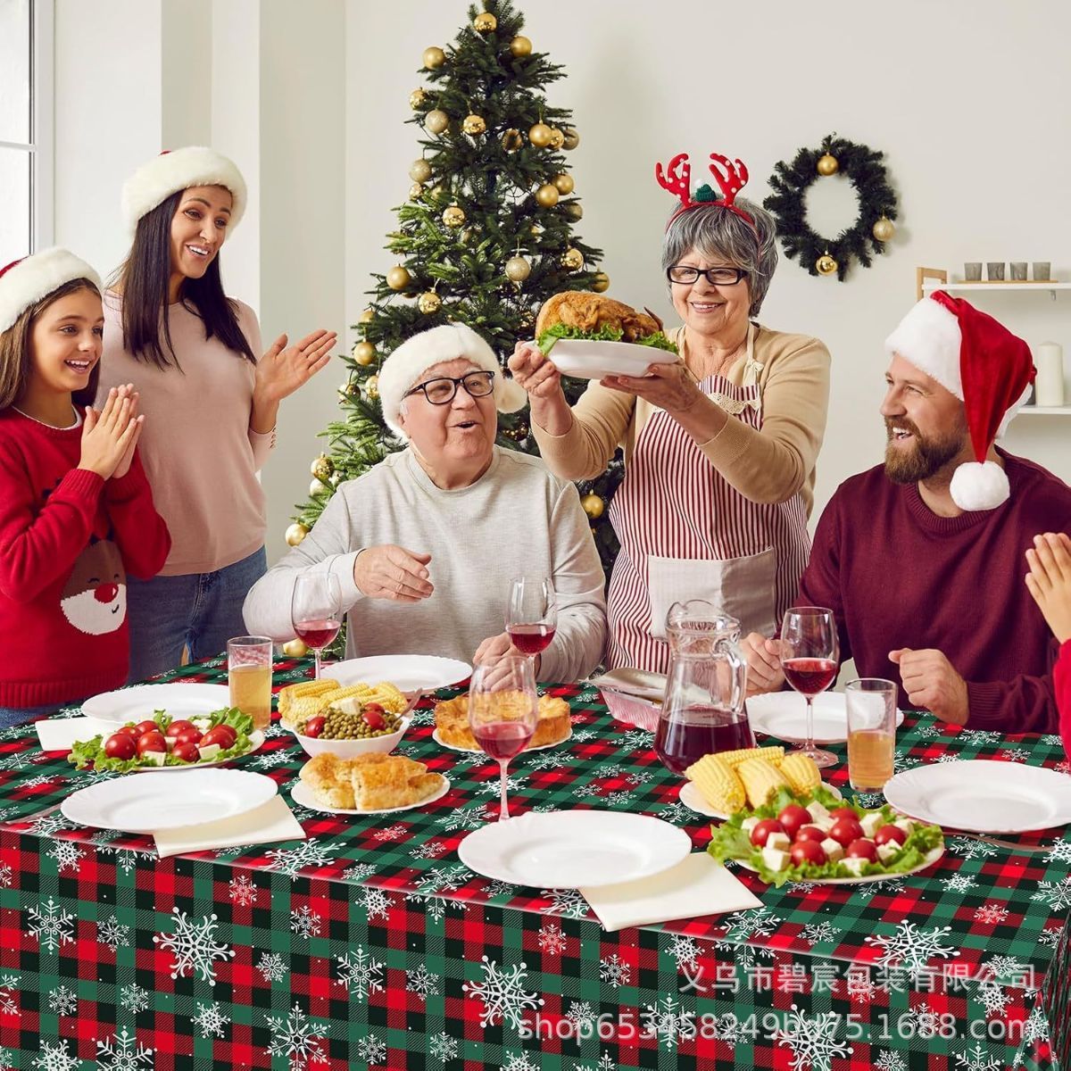 Christmas Tablecloth Plaid Tablecloth Snowflake Tablecloth Holiday Party - Red - Size 274cm137cm