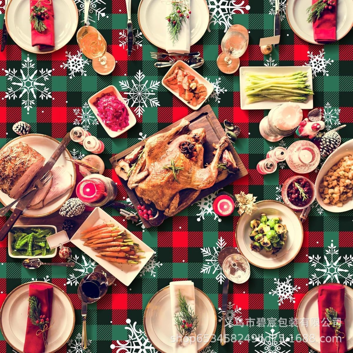 Christmas Tablecloth Plaid Tablecloth Snowflake Tablecloth Holiday Party - Red - Size 274cm137cm