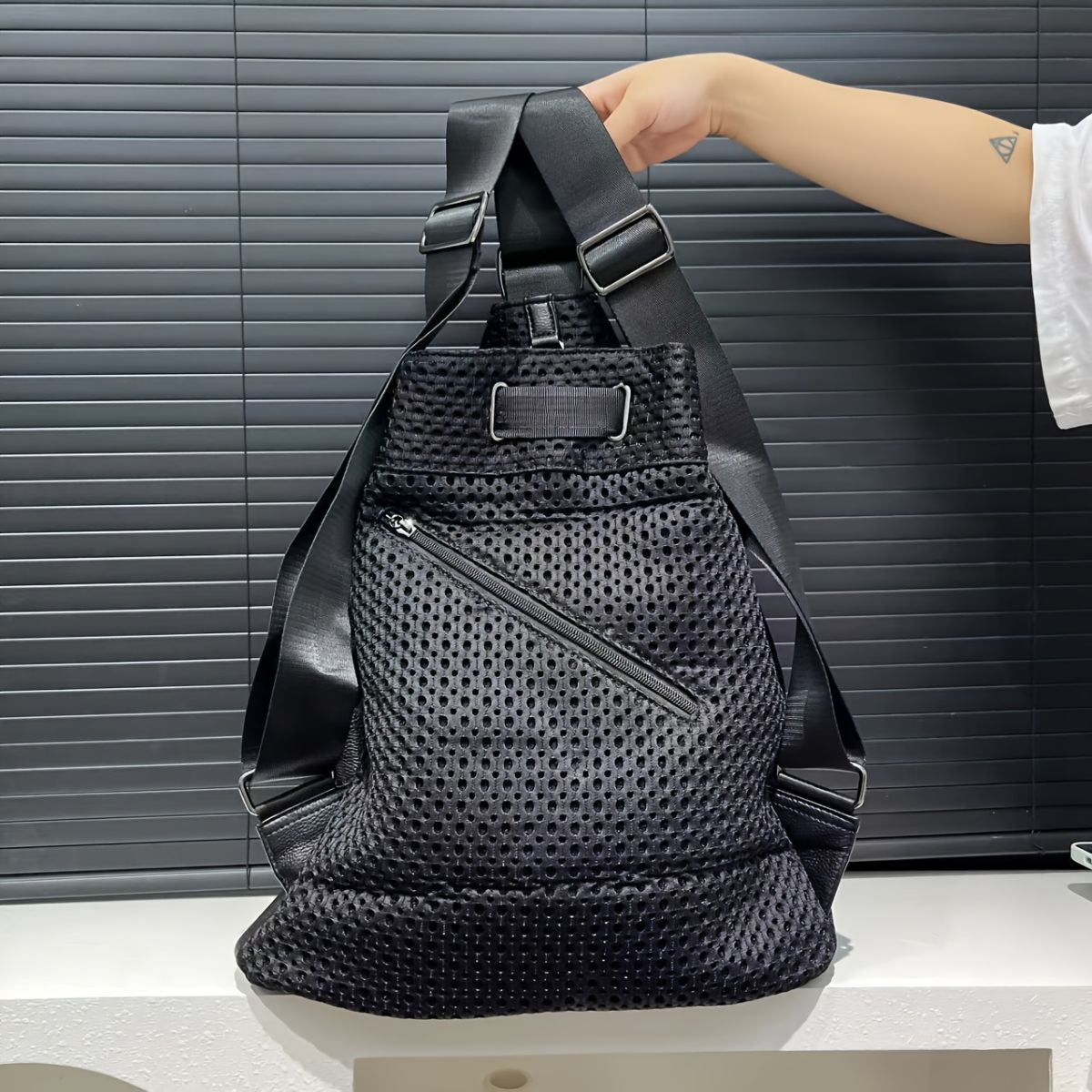 Leather Backpack Mesh Backpack Hybrid Backpack Travel Backpack Stylish Backpack - Black - Size M