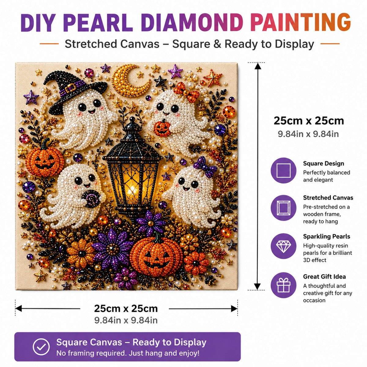 25 x 25cm Halloween Pearl Diamond Painting Kit Ghost Pumpkin DIY Stretched Canvas Wall Art Decoration