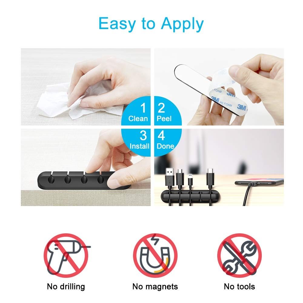 3 Pack Black Silicone Cable Management Clips Self-Adhesive Cord Holders Organizer for USB Charging Cables Desk Home Office