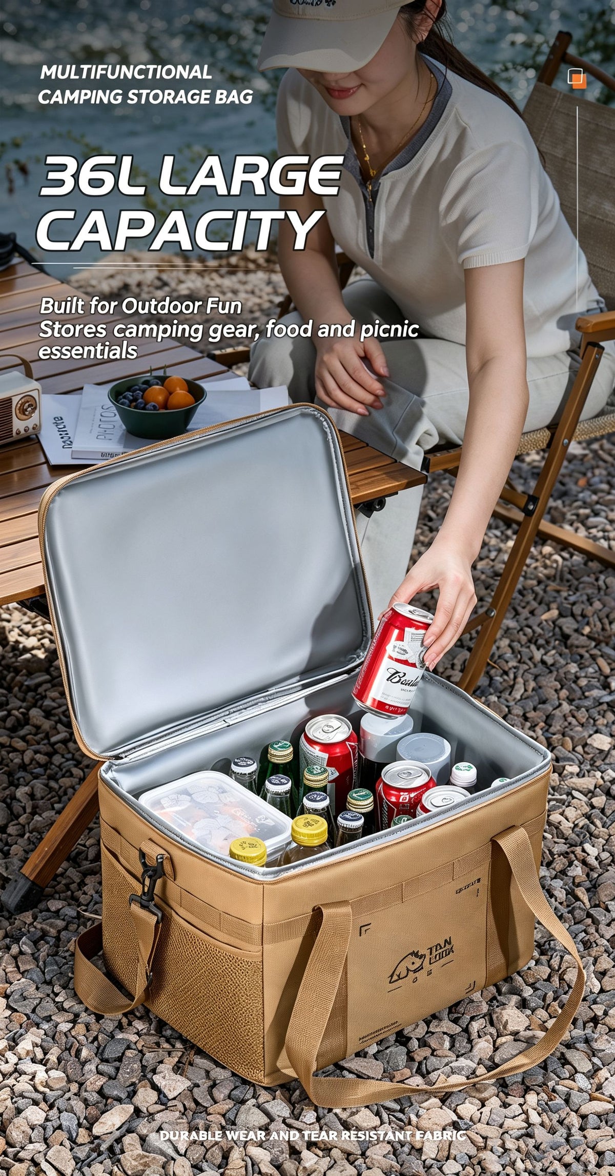 Outdoor large capacity waterproof camping insulation picnic bag 36L,black