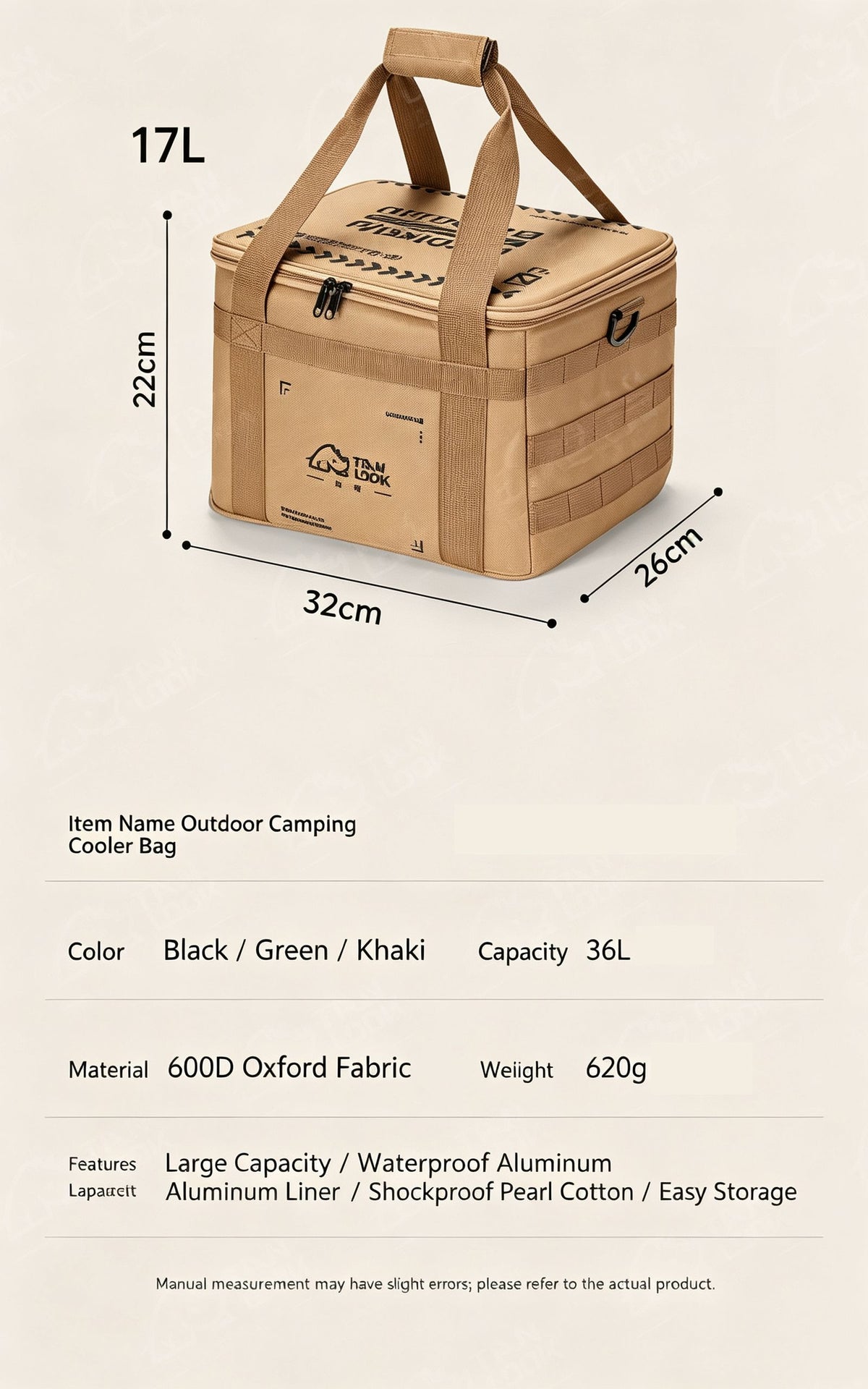 Outdoor large capacity waterproof camping insulation picnic bag 36L,khaki