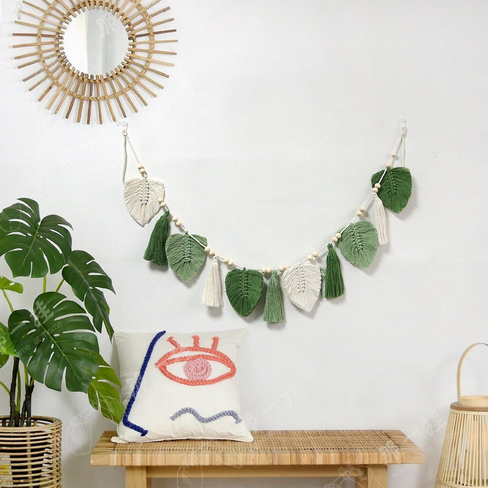 Wall Hanging Boho Handmade Woven Tapestry with Wood Beads Beige Green Chic Leaf Feather Boho Wall Art Decor Tapestry Wall Decor for Bedroom Living Room Nursery Apartment