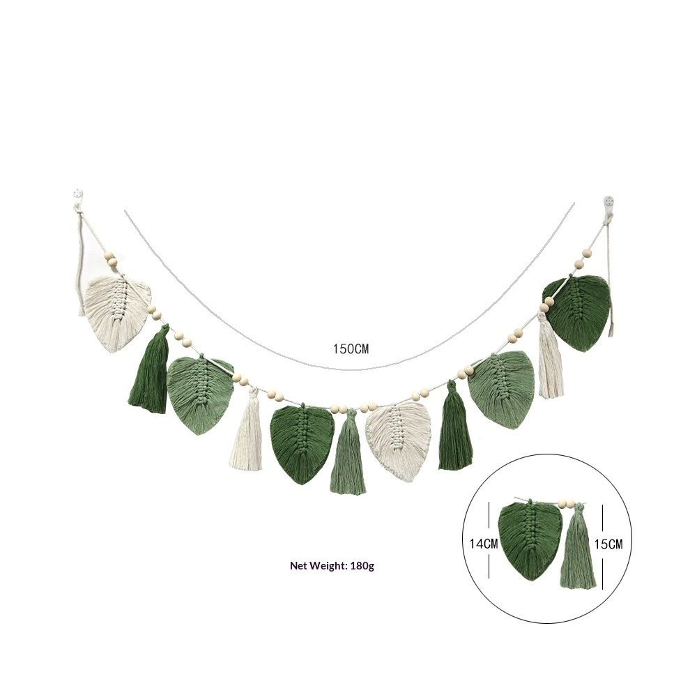 Wall Hanging Boho Handmade Woven Tapestry with Wood Beads Beige Green Chic Leaf Feather Boho Wall Art Decor Tapestry Wall Decor for Bedroom Living Room Nursery Apartment