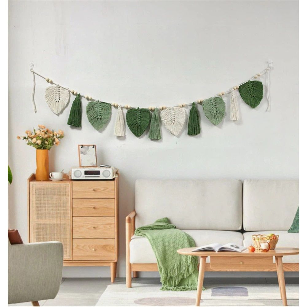 Wall Hanging Boho Handmade Woven Tapestry with Wood Beads Beige Green Chic Leaf Feather Boho Wall Art Decor Tapestry Wall Decor for Bedroom Living Room Nursery Apartment