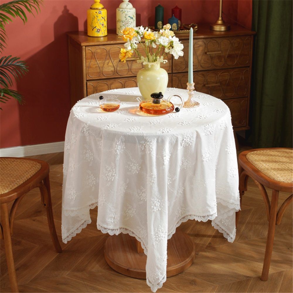 dimensional white embroidered tablecloth with small fresh flowers, wavy lace, rectangular tablecloth, coffee table cover cloth（ 90cm)