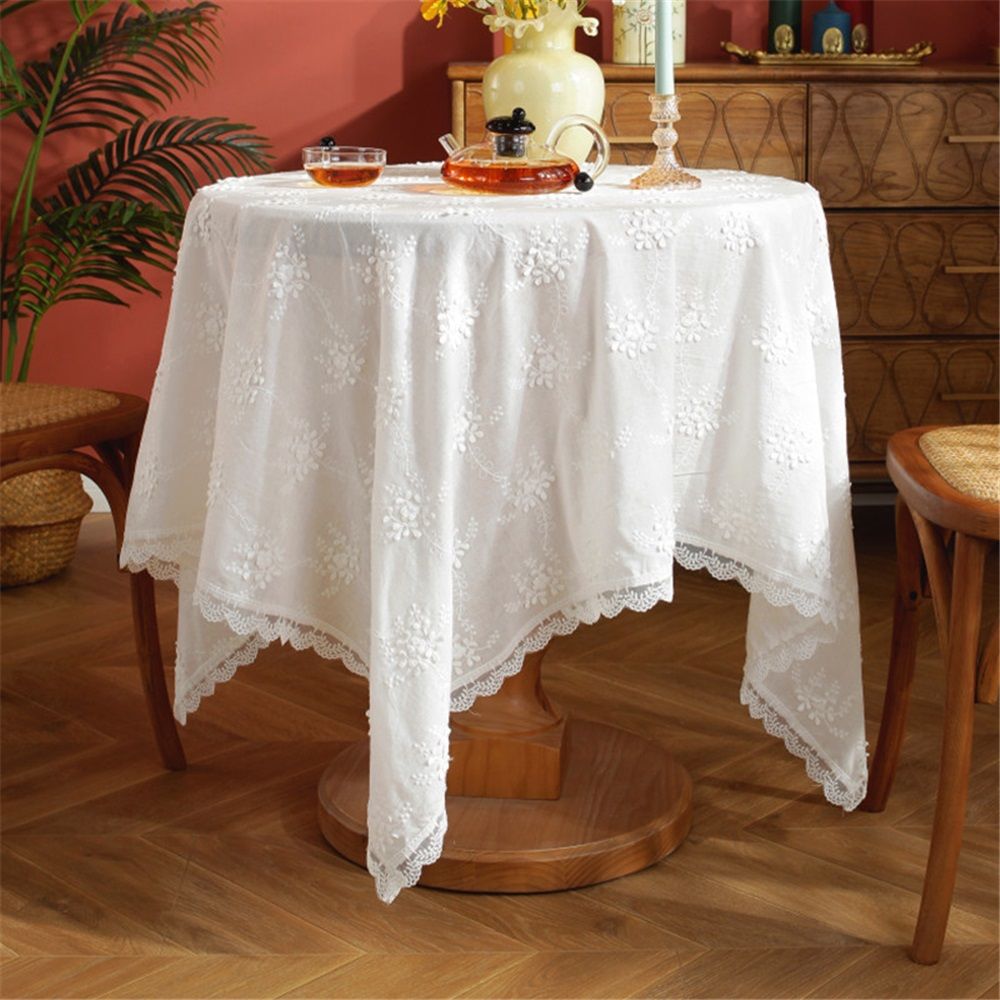 dimensional white embroidered tablecloth with small fresh flowers, wavy lace, rectangular tablecloth, coffee table cover cloth（ 90cm)