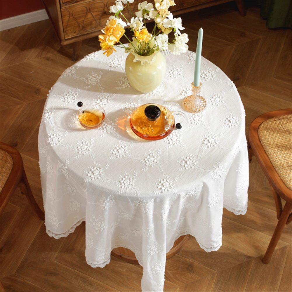 dimensional white embroidered tablecloth with small fresh flowers, wavy lace, rectangular tablecloth, coffee table cover cloth（ 90cm)