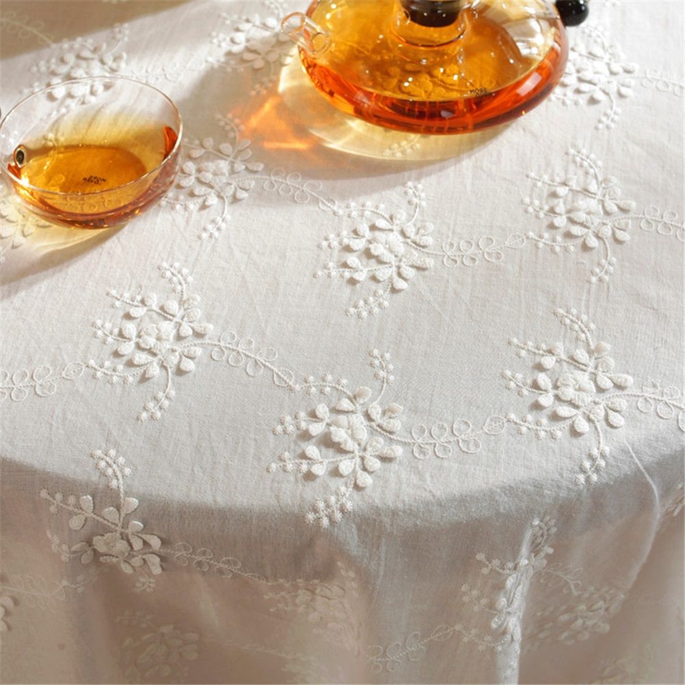 dimensional white embroidered tablecloth with small fresh flowers, wavy lace, rectangular tablecloth, coffee table cover cloth（ 90cm)
