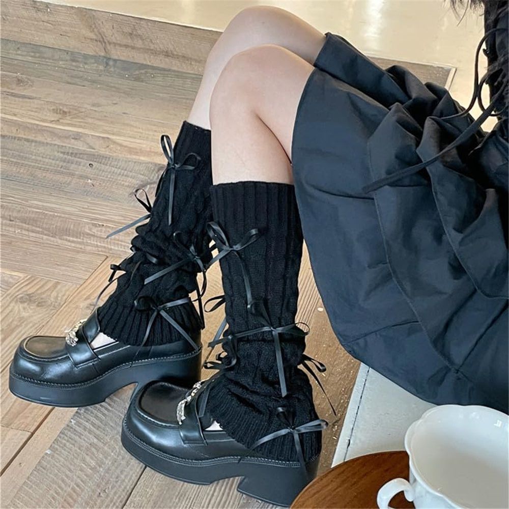Women's knitted warm pants butterfly knee length, suitable for Lolita clothing party accessories Bow Socks Stacking Sweet Sister Academy Style Skinny Ribbon Leg Cover（black）