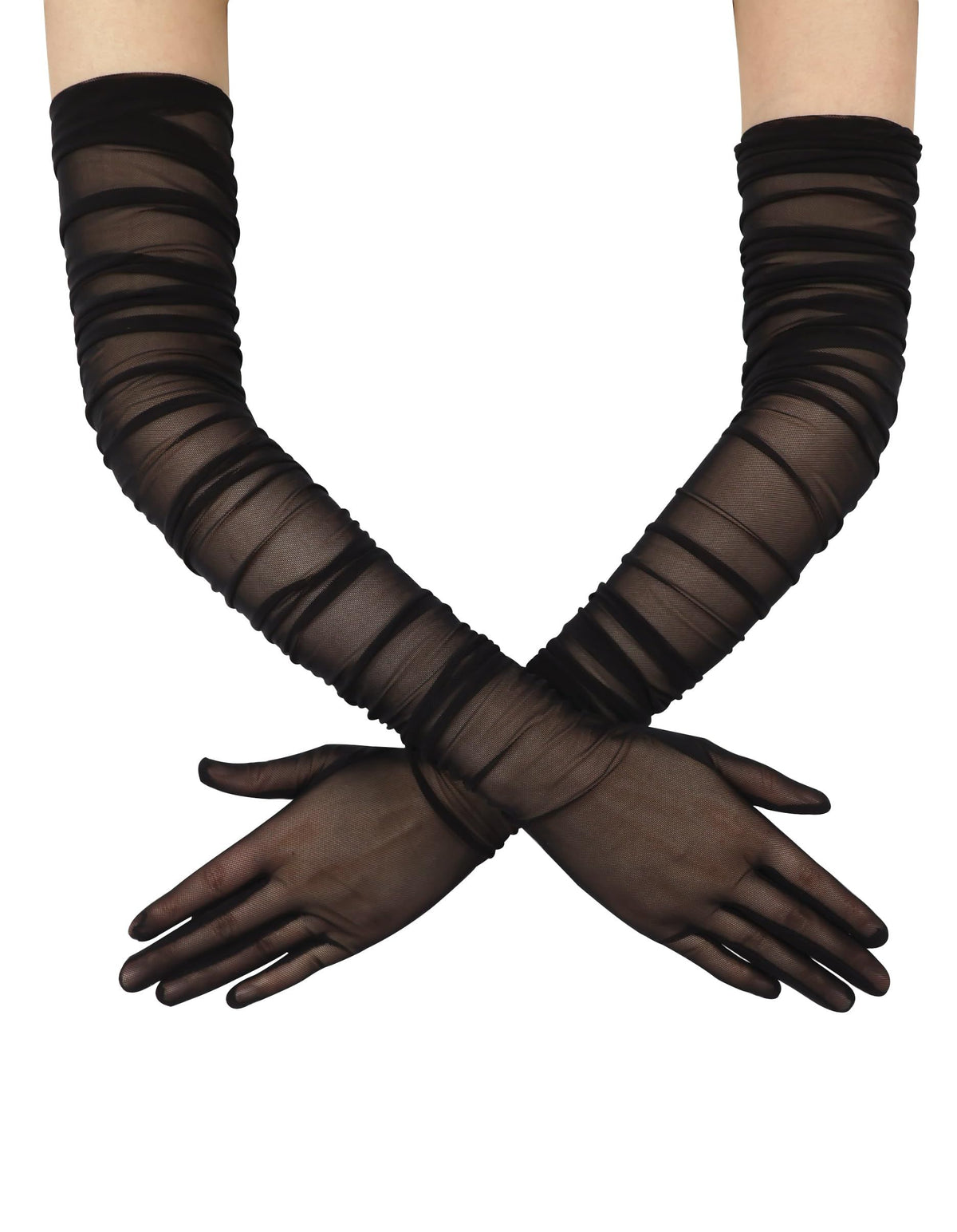 Women's Stretchy Super Long Tulle Gloves Ruched Mesh Sheer Gloves for Evening Hallowmas Opera Party（black）