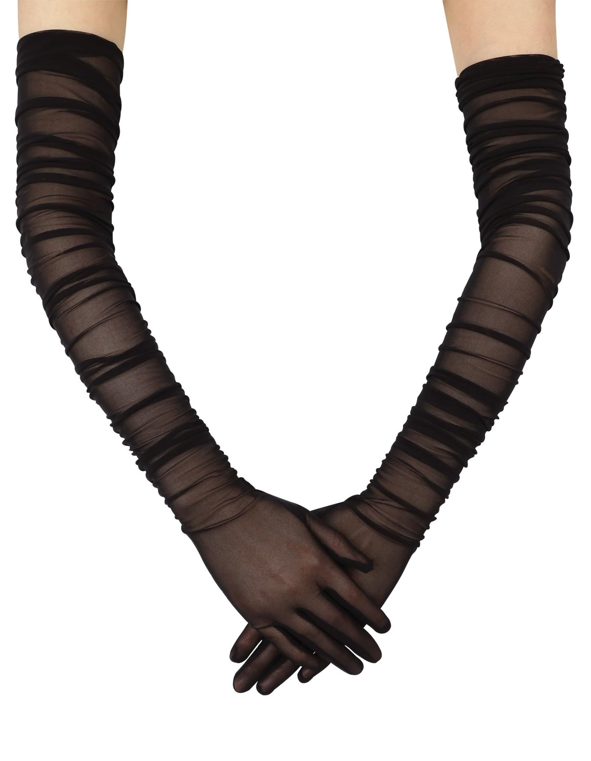 Women's Stretchy Super Long Tulle Gloves Ruched Mesh Sheer Gloves for Evening Hallowmas Opera Party（black）