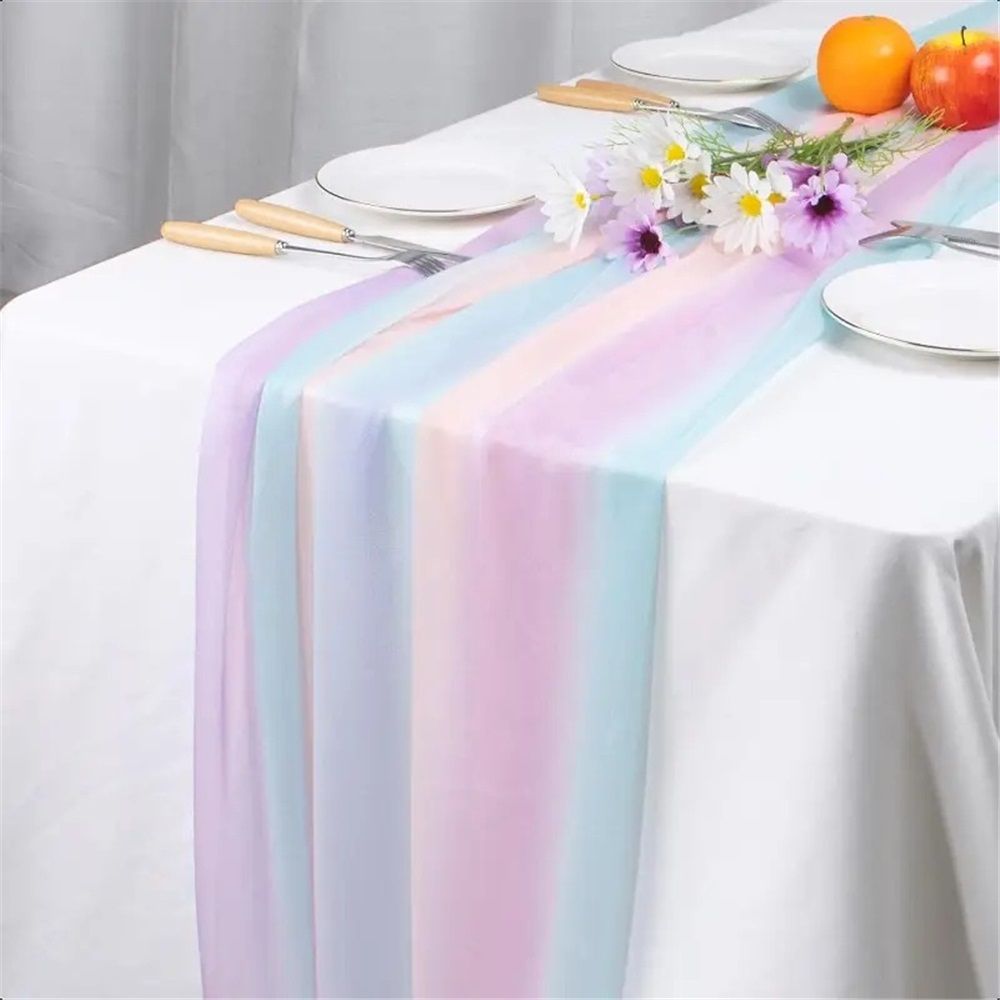 Chiffon tablecloth, rainbow stripe transparent wedding tablecloth, colorful cream stripe aesthetic farmhouse dress scarf gauze tablecloth kitchen island/party decoration