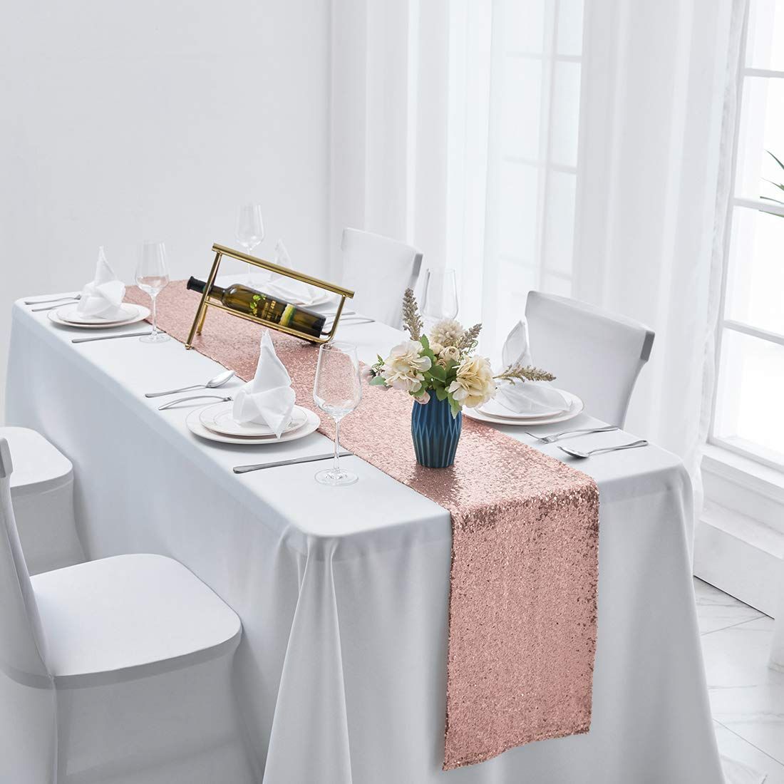 2 Packs 30*120cm Rose Gold Sequin Table Runner, Glitter Rose Gold Table Runner for Wedding Birthday Bachelorette Holiday Party Supplies Decorations