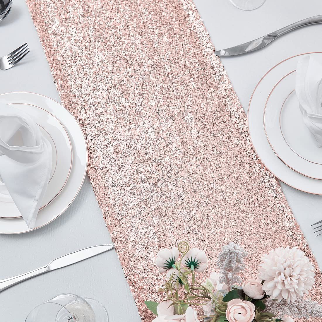 2 Packs 30*120cm Rose Gold Sequin Table Runner, Glitter Rose Gold Table Runner for Wedding Birthday Bachelorette Holiday Party Supplies Decorations