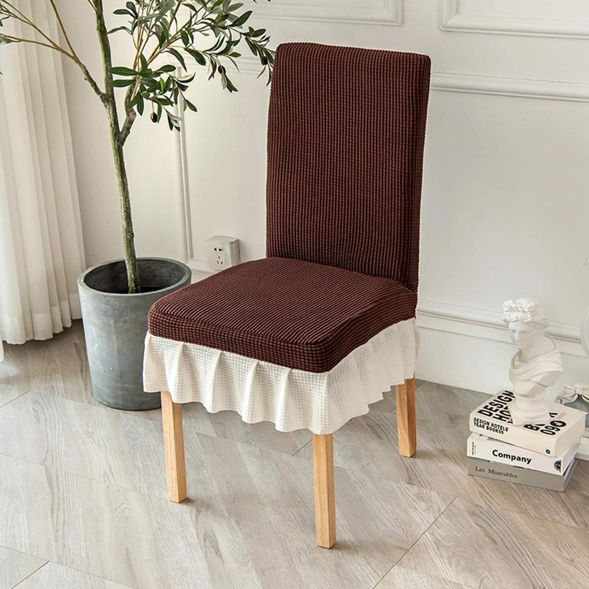 2-pcs restaurant elastic chair cover universal detachable washable chair cover with pleated skirt kitchen banquet hotel wedding dark （brown and white）