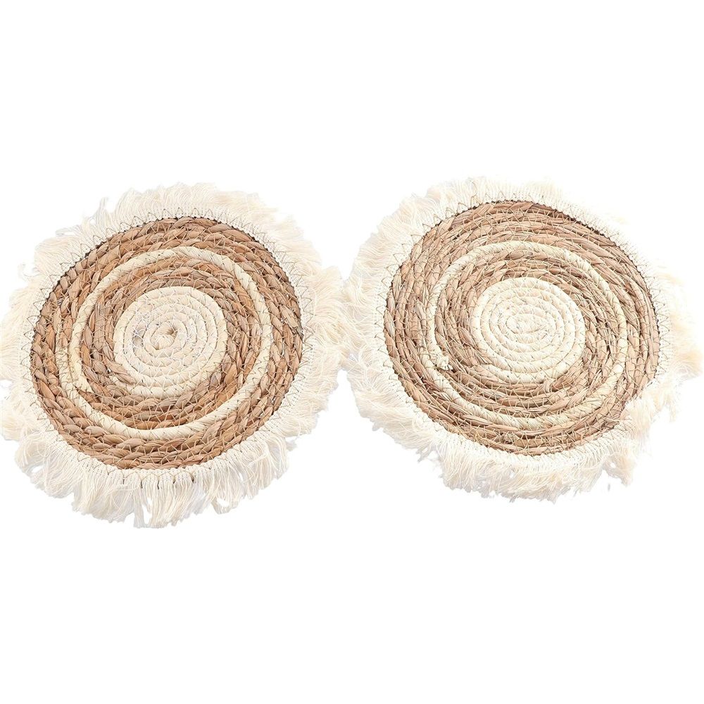 Boho Round Grass Tassels Placemats Set of 4, Rustic Weave Tablemats, Farmhouse Concentric Circle Braided Macrame Décor for Kitchen Dining Table,（33cm）