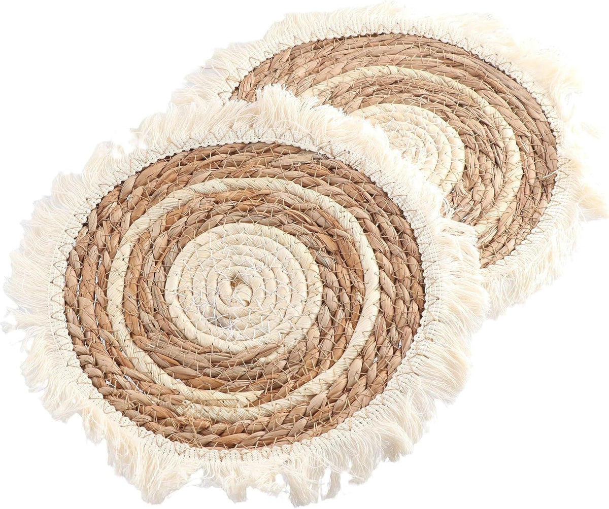 Boho Round Grass Tassels Placemats Set of 4, Rustic Weave Tablemats, Farmhouse Concentric Circle Braided Macrame Décor for Kitchen Dining Table,（33cm）