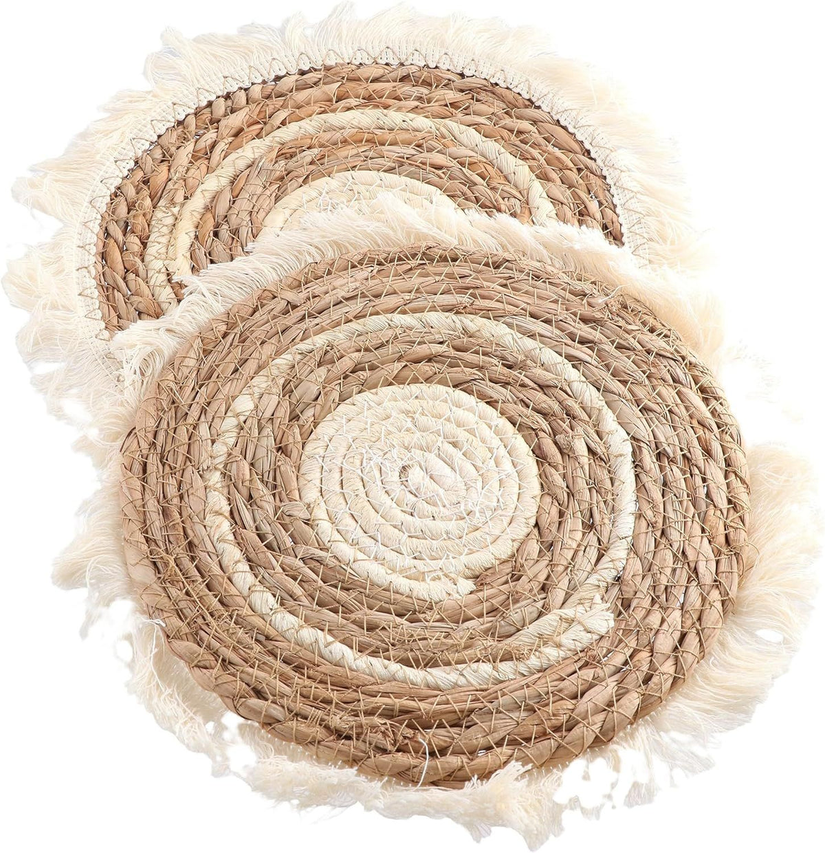 Boho Round Grass Tassels Placemats Set of 4, Rustic Weave Tablemats, Farmhouse Concentric Circle Braided Macrame Décor for Kitchen Dining Table,（33cm）