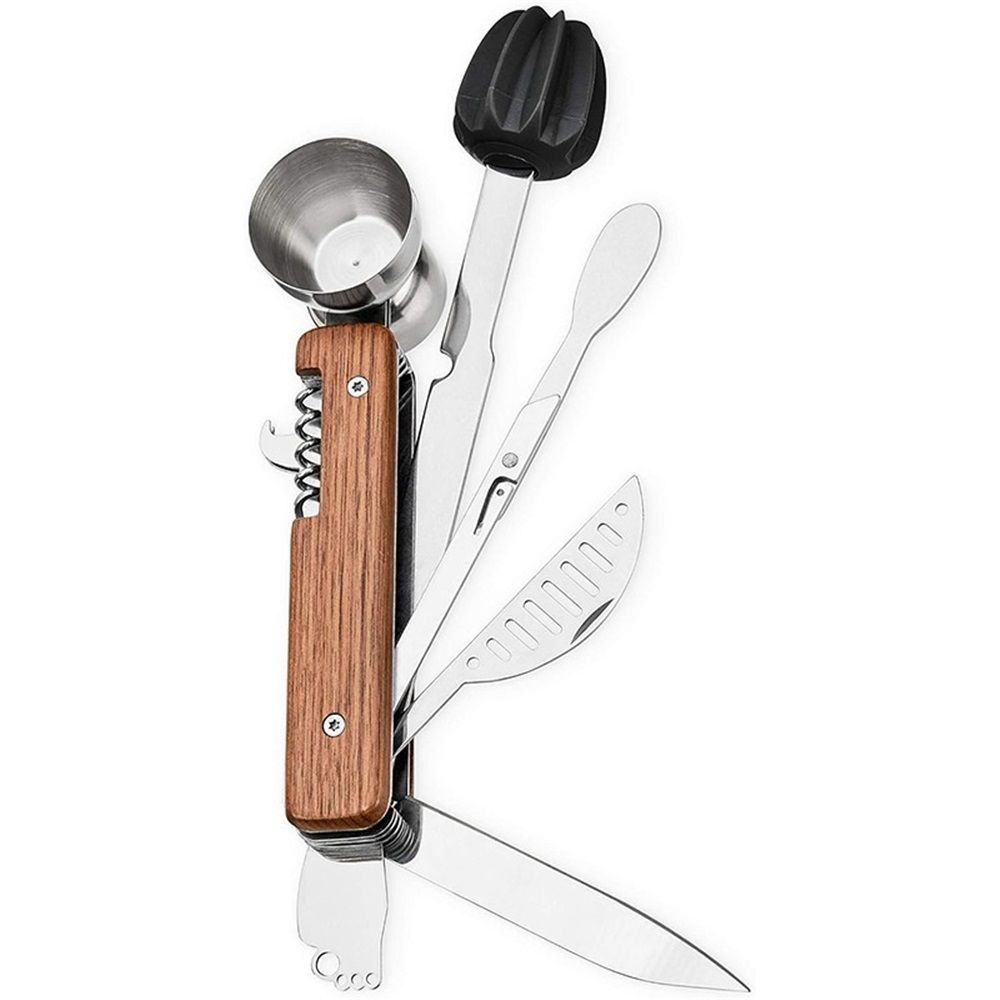 All in One Bartender Multitool Set, 10 in 1 Bar Tool with Strainer, Muddler, Reamer, Jigger, Stirrer, Corkscrew, Opener, Knife and Channel Knife for Camping, Travel and Outdoor Use
