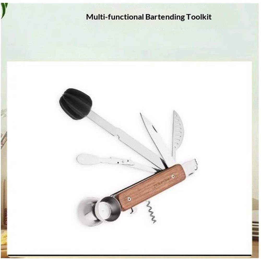 All in One Bartender Multitool Set, 10 in 1 Bar Tool with Strainer, Muddler, Reamer, Jigger, Stirrer, Corkscrew, Opener, Knife and Channel Knife for Camping, Travel and Outdoor Use