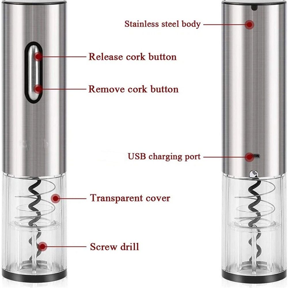 Electric Wine Opener Rechargeable Stainless Steel Automatic Corkscrew Wine Bottle Opener for Wine Lovers, Silver