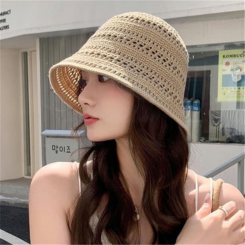 Womens Summer Crochet Slouchy UV Protection Sun Hat Handmade Knitted Floral Boho Fishing Hat Foldable Travel Beach Hat