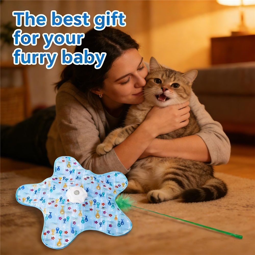 Rechargeable Automatic Cat Toy, 3-Mode Touch-Activated Interactive Toy with Random Motion, Concealed Feather & Squeaky Sound for Indoor Cats & Kittens (Blue)