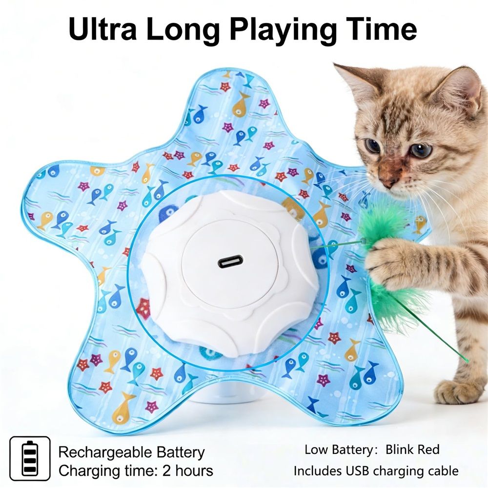 Rechargeable Automatic Cat Toy, 3-Mode Touch-Activated Interactive Toy with Random Motion, Concealed Feather & Squeaky Sound for Indoor Cats & Kittens (Blue)